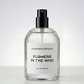 Clear perfume bottle with black cap labeled 'Flowers in the Wind' by Fragrance Republic on a white background
