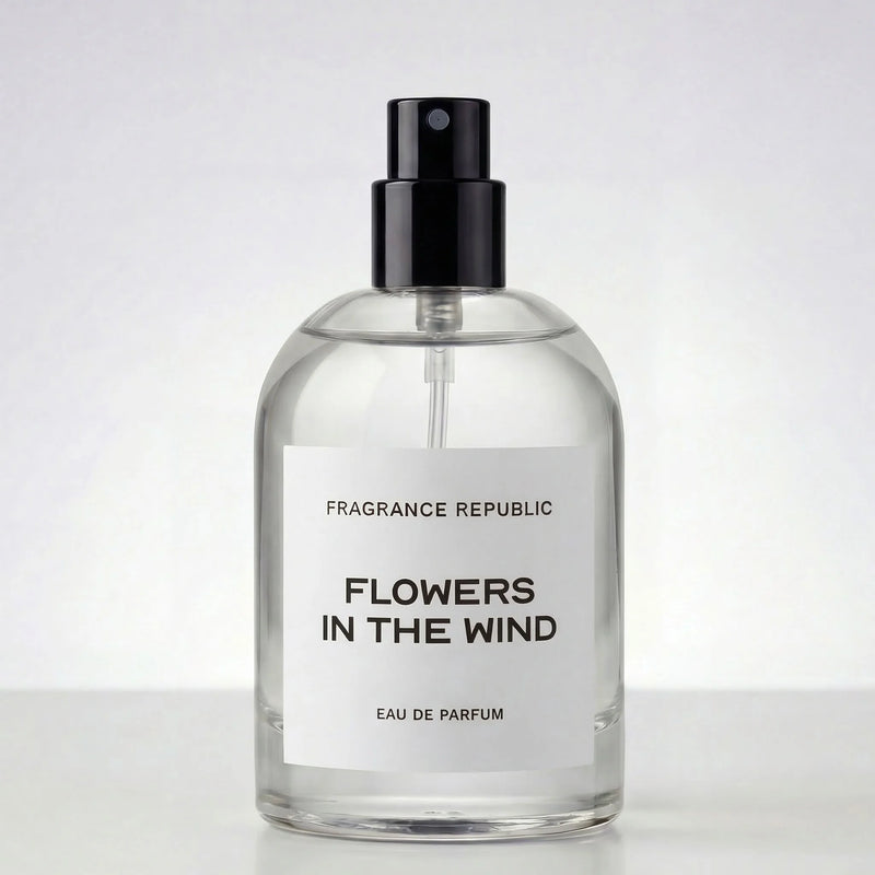 Clear perfume bottle with black cap labeled 'Flowers in the Wind' by Fragrance Republic on a white background