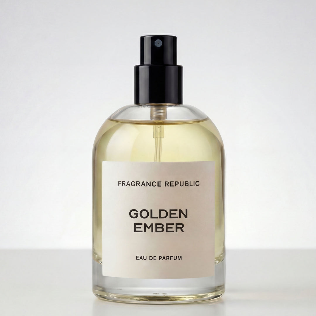 Golden Ember Eau de Parfum spray bottle with minimalist label on white background