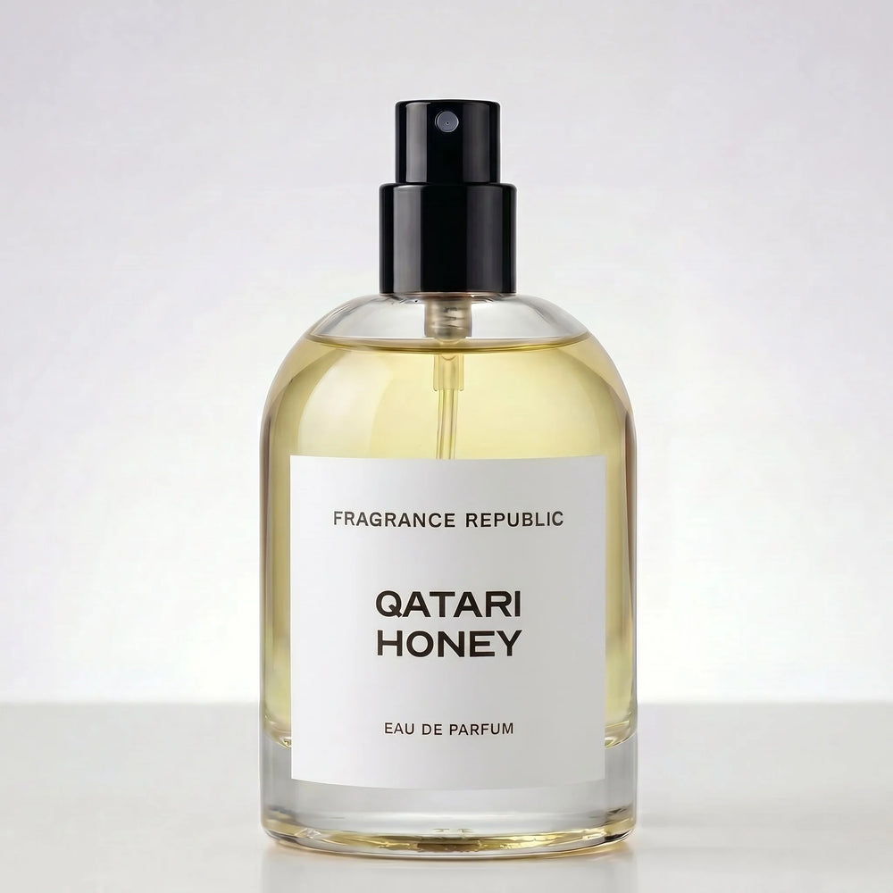 Fragrance Republic Qatari Honey eau de parfum bottle on a white background