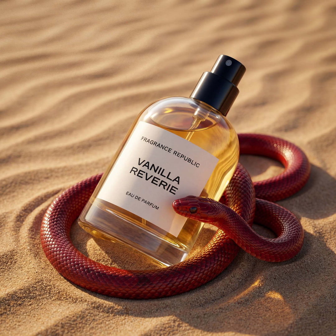 Vanilla Reverie perfume bottle on sand with a red snake wrapped around it