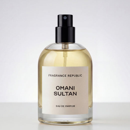 Clear glass bottle of Omani Sultan Eau de Parfum with minimal label and black spray cap.