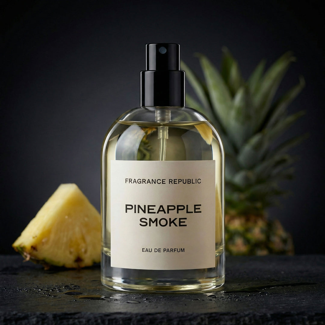 Pineapple Smoke eau de parfum bottle with pineapple slice and whole pineapple in background