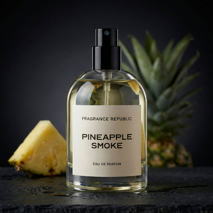 Pineapple Smoke eau de parfum bottle with pineapple slice and whole pineapple in background