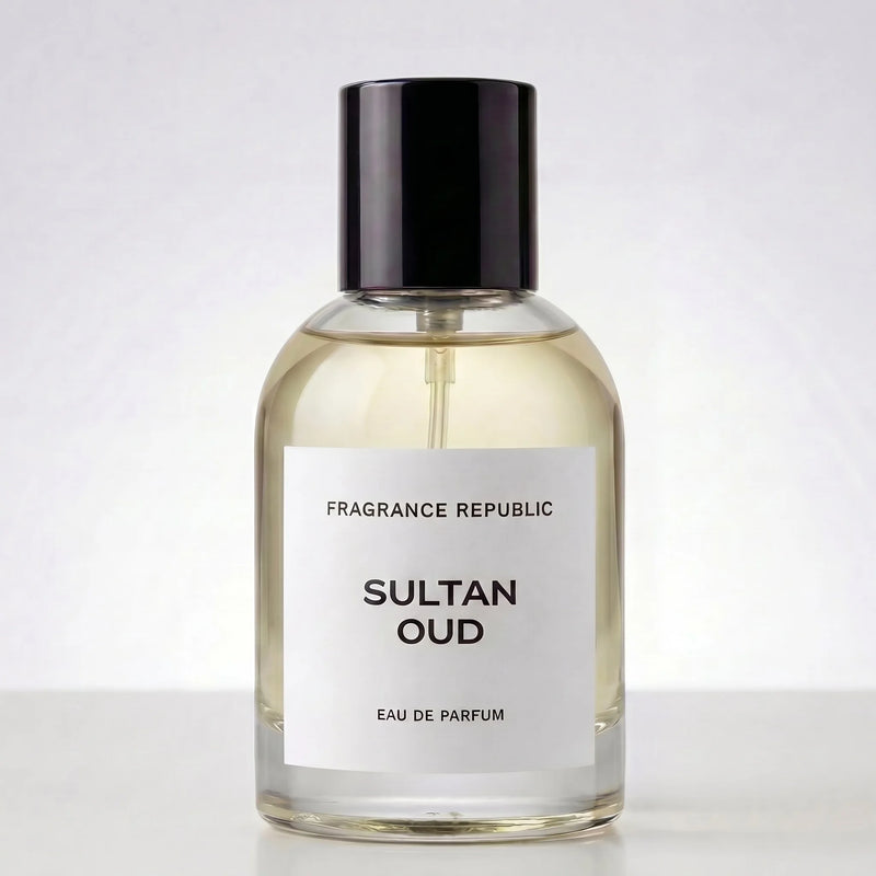 Fragrance Republic Sultan Oud perfume bottle with black cap on a pale background.