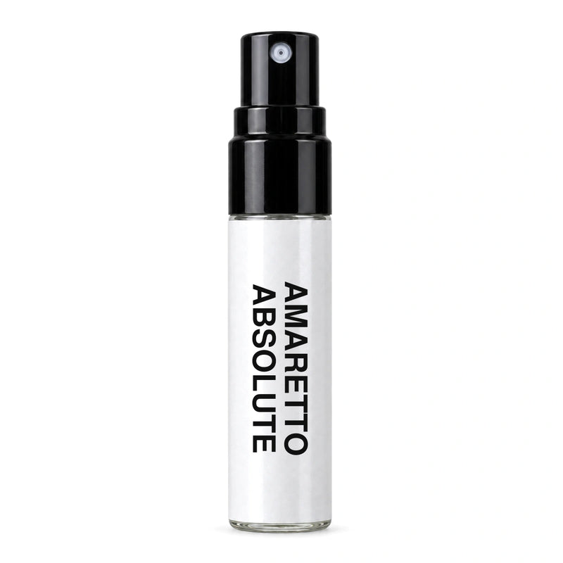 Fragrance Republic Amaretto Absolute sample perfume spray with its black nozzle and white label.