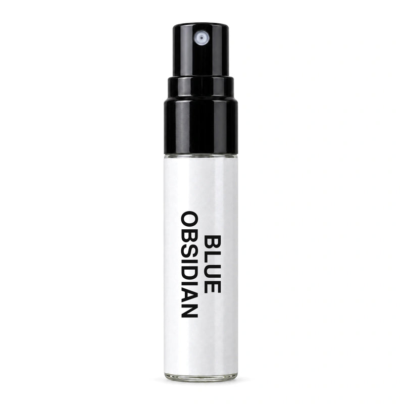 Fragrance Republic Blue Obsidian sample perfume spray with its black nozzle and white label.