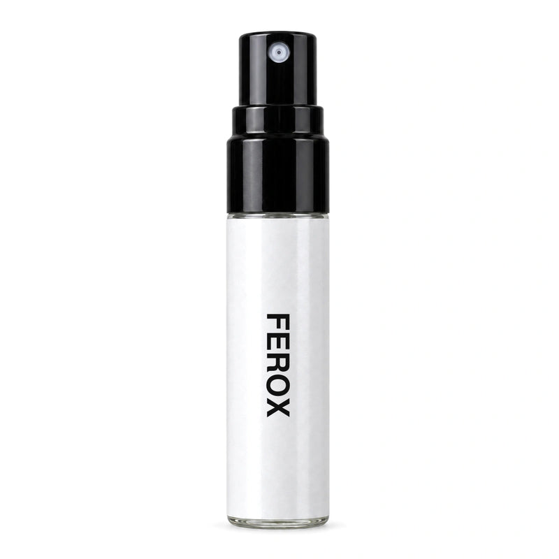 Fragrance Republic Ferox sample perfume spray with its black nozzle and white label.