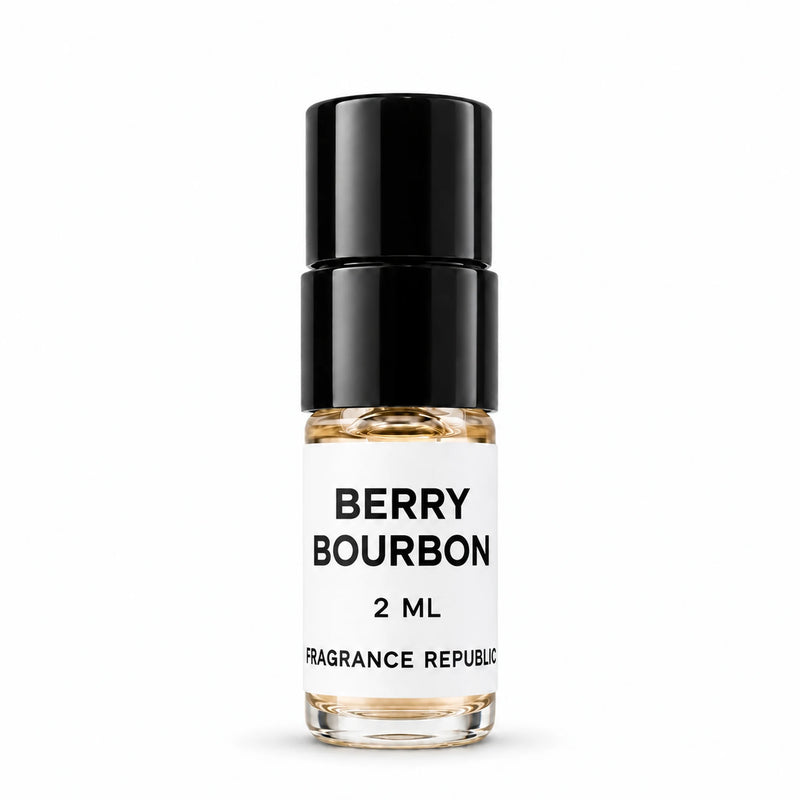 Fragrance Republic Berry Bourbon 2ml perfume sample spray with a black cap on a white background.