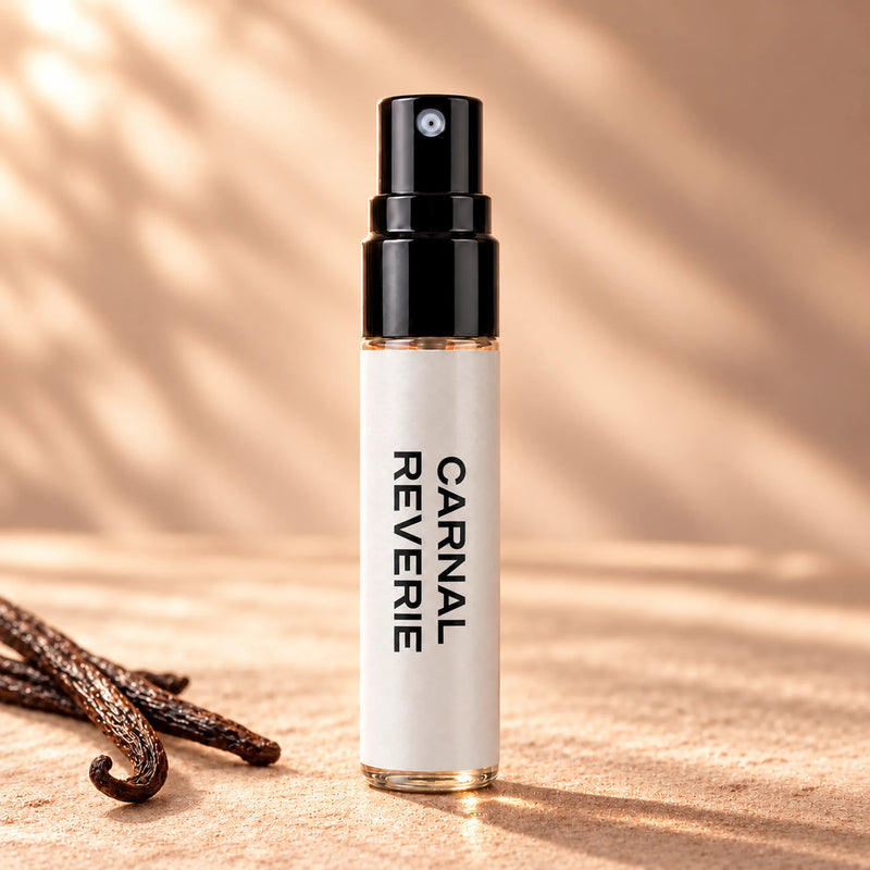 Fragrance Republic Carnal Reverie 5ml perfume sample spray beside vanilla pods.
