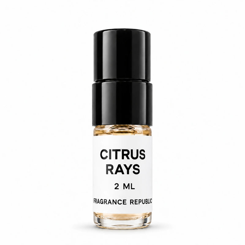 Fragrance Republic Citrus Rays 2ml perfume sample spray with a black cap on a white background.