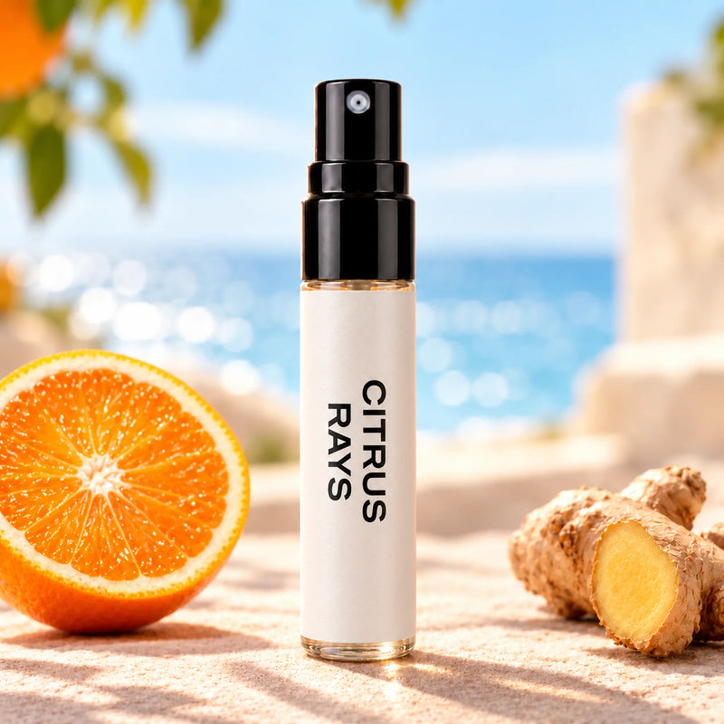 Fragrance Republic Citrus Rays 5ml perfume sample spray beside orange and ginger with the sea behind.