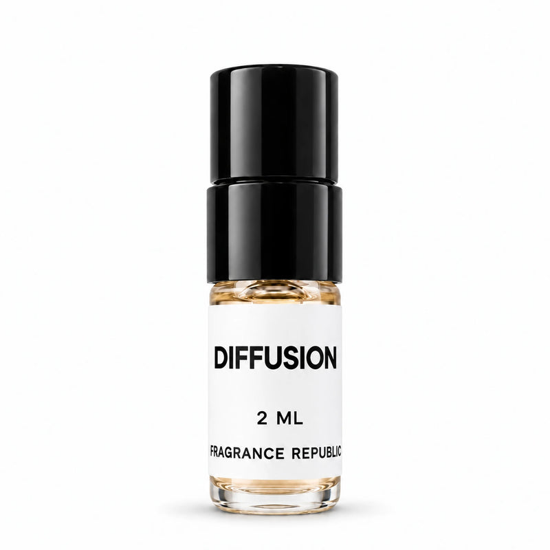 Fragrance Republic Diffusion 2ml perfume sample spray with a black cap on a white background.