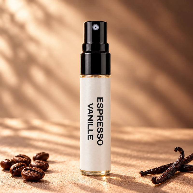 Fragrance Republic Espresso Vanille 5ml perfume sample spray beside coffee beans and vanilla pods.