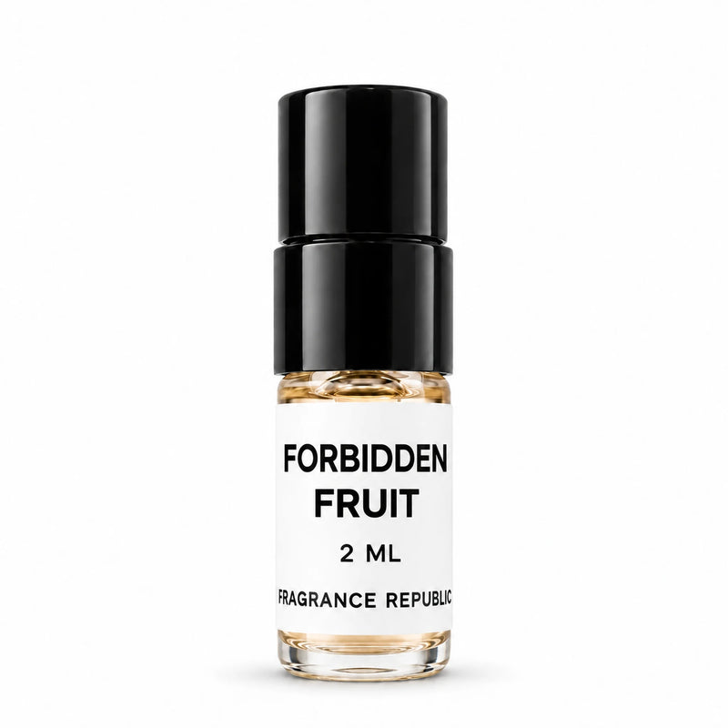 Fragrance Republic Forbidden Fruit 2ml perfume sample spray with a black cap on a white background.