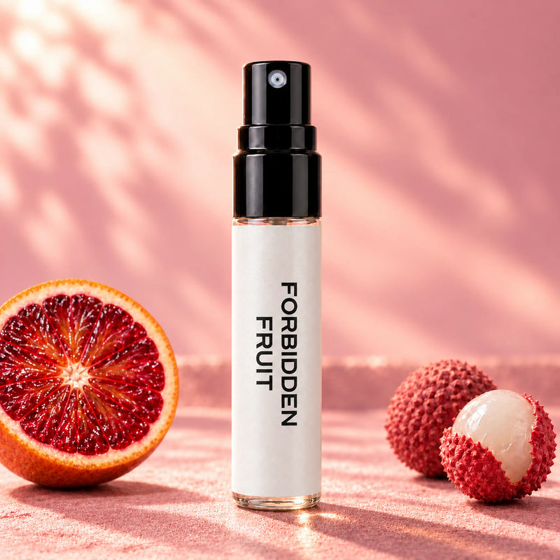 Fragrance Republic Forbidden Fruit 5ml perfume sample spray beside blood orange and lychee.