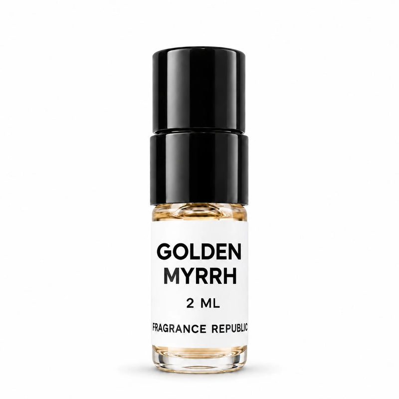 Fragrance Republic Golden Myrrh 2ml perfume sample spray with a black cap on a white background.