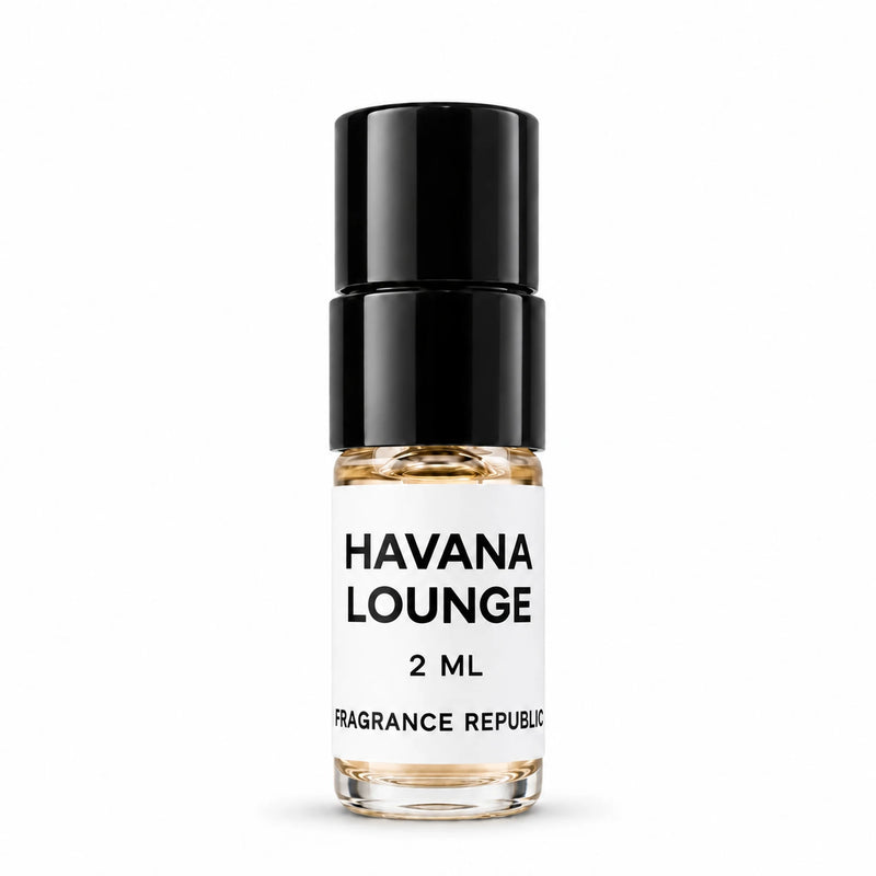 Fragrance Republic Havana Lounge 2ml perfume sample spray with a black cap on a white background.