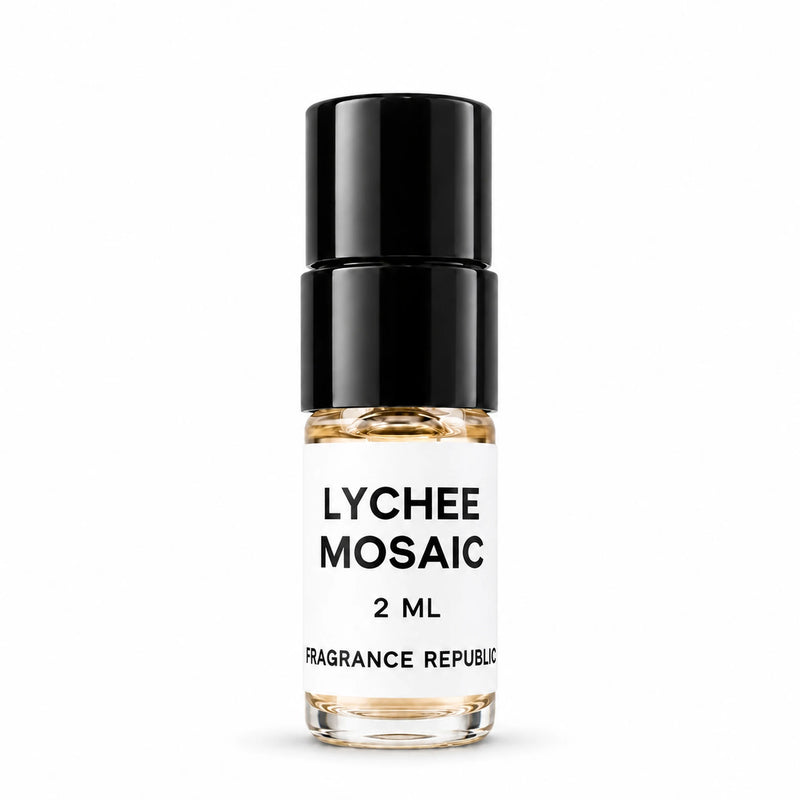 Fragrance Republic Lychee Mosaic 2ml perfume sample spray with a black cap on a white background.
