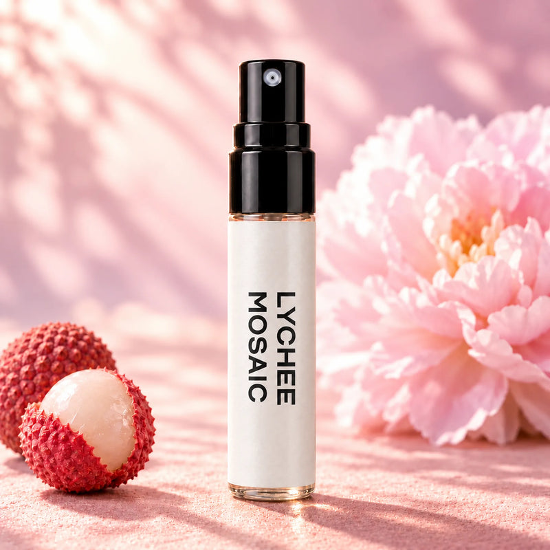 Fragrance Republic Lychee Mosaic 5ml perfume sample spray beside lychee and pink flowers.
