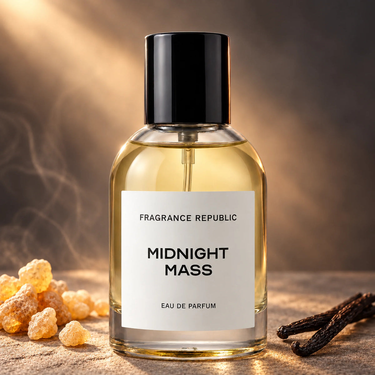 Fragrance Republic Midnight Mass eau de parfum bottle beside resin and vanilla pods with a smoky background.