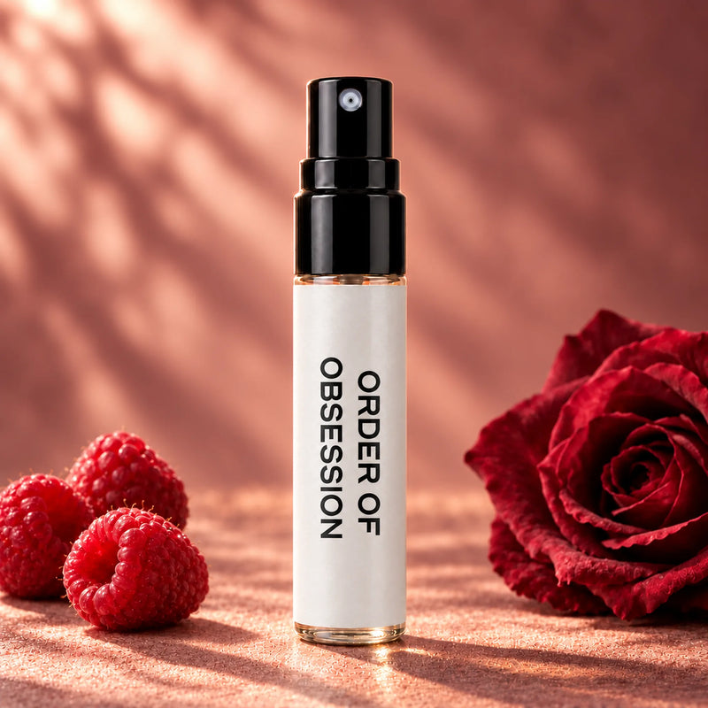 Fragrance Republic Order Of Obsession 5ml perfume sample spray beside raspberries and a red rose.