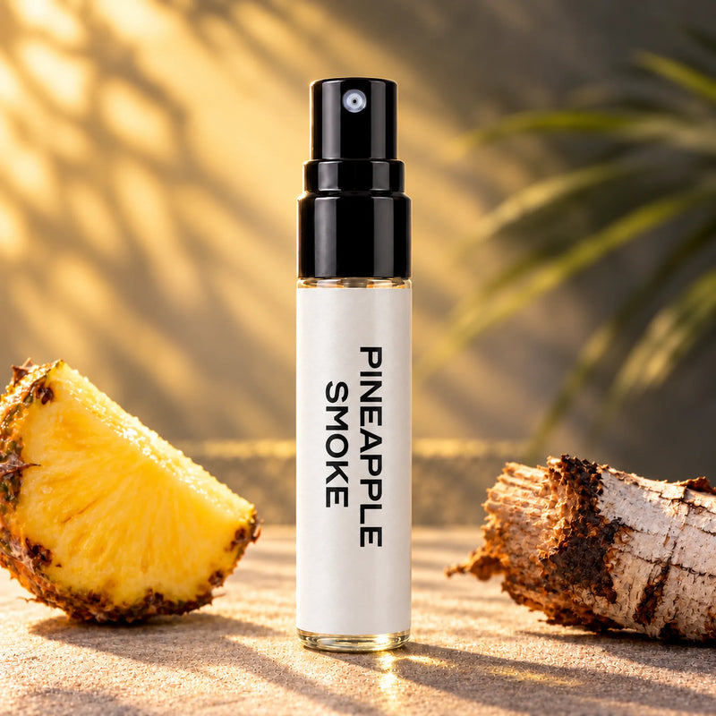 Fragrance Republic Pineapple Smoke 5ml perfume sample spray beside pineapple and birch wood.