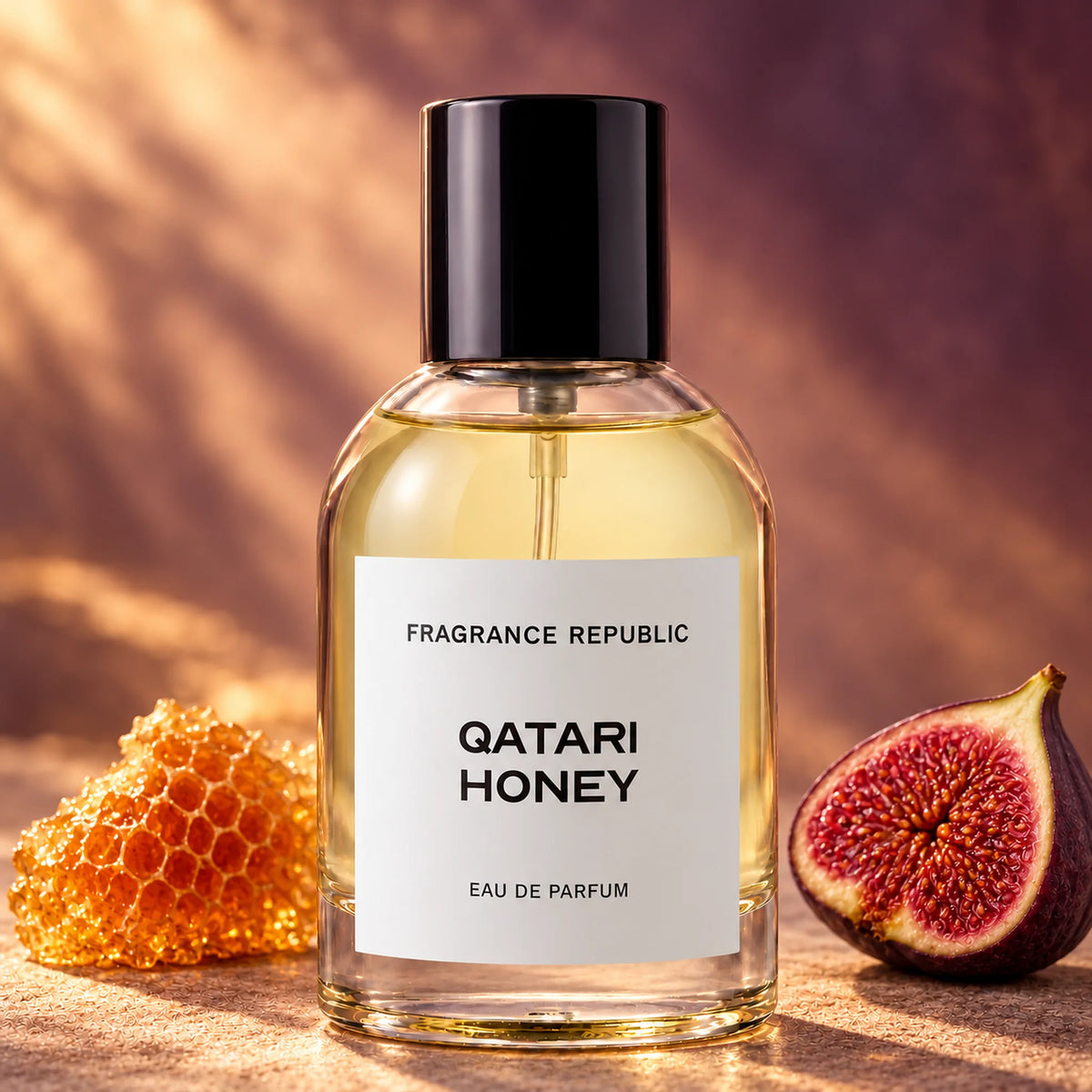 Fragrance Republic Qatari Honey eau de parfum bottle beside honeycomb and a cut fig.