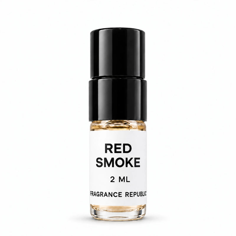 Fragrance Republic Red Smoke 2ml perfume sample spray with a black cap on a white background.