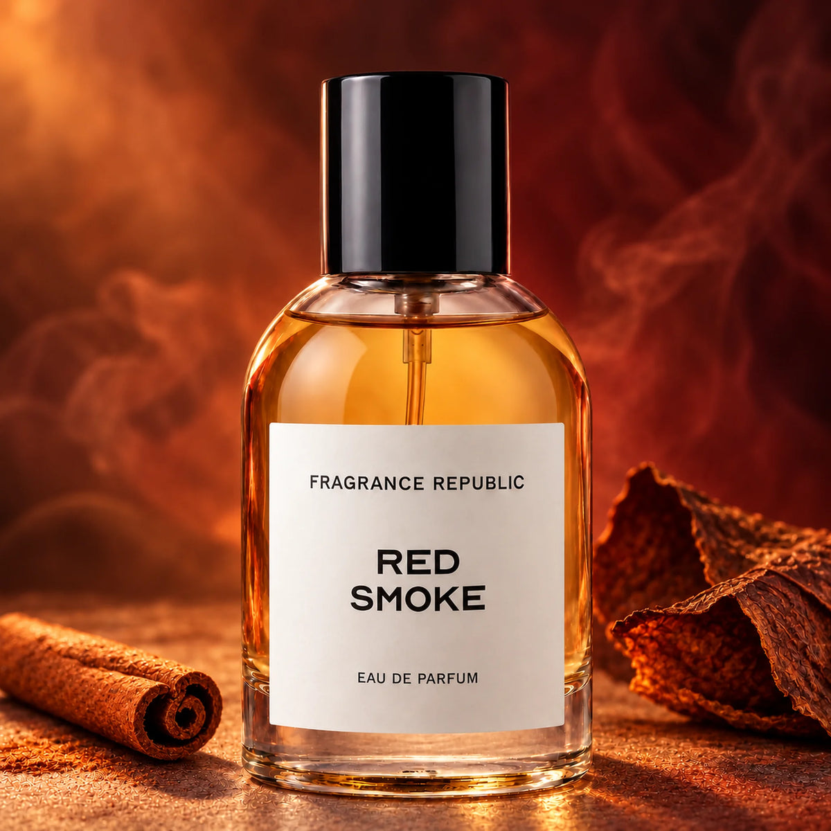 Fragrance Republic Red Smoke eau de parfum bottle beside cinnamon and dried tobacco leaves with a smoky background.