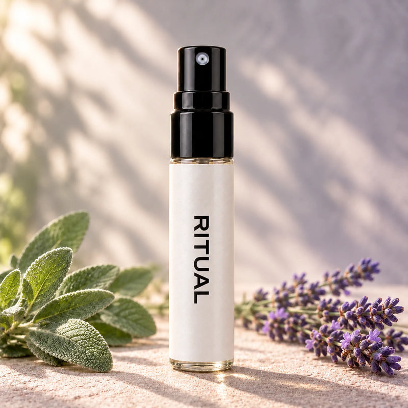 Fragrance Republic Ritual 5ml perfume sample spray beside sage and lavender.