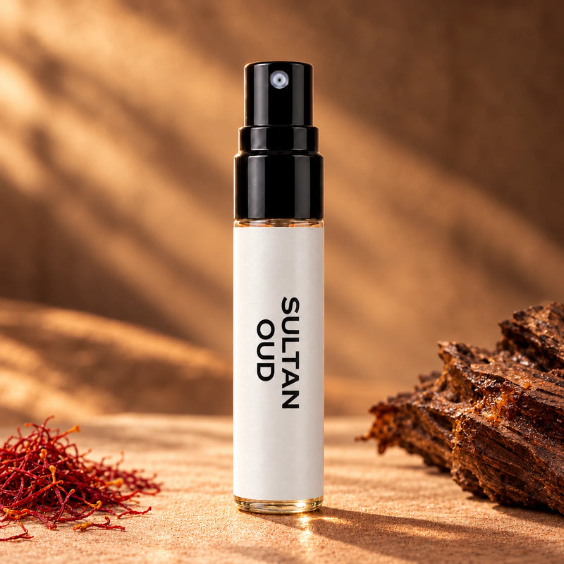 Fragrance Republic Sultan Oud 5ml perfume sample spray beside saffron and wood.