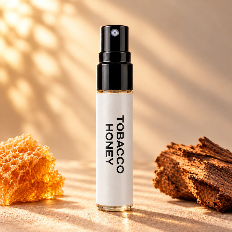 Fragrance Republic Tobacco Honey 5ml perfume sample spray beside honeycomb and textured wood.