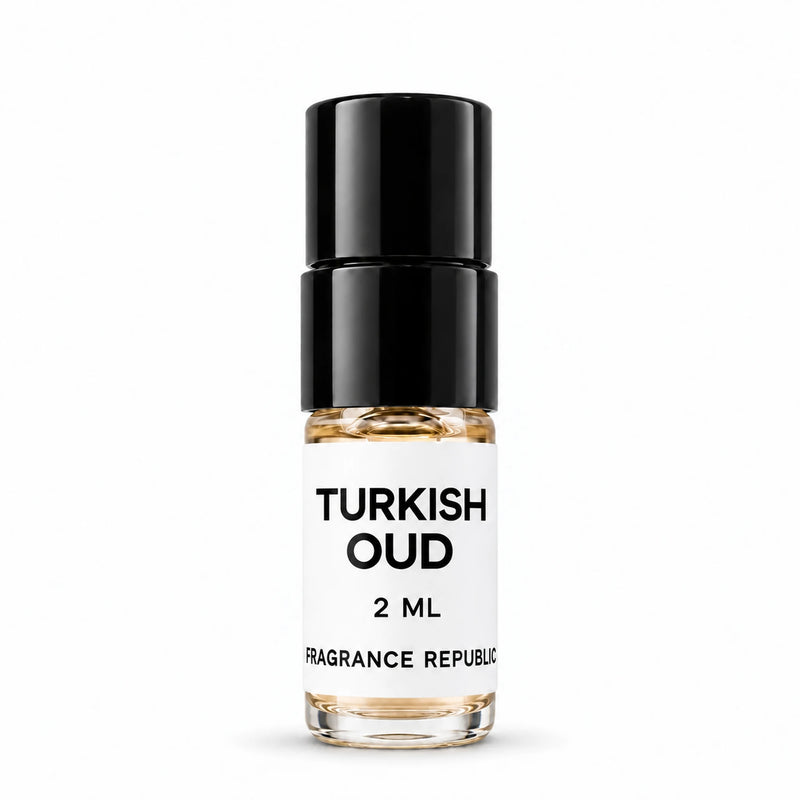 Fragrance Republic Turkish Oud 2ml perfume sample spray with a black cap on a white background.