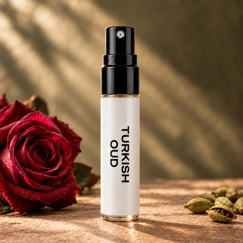 Fragrance Republic Turkish Oud 5ml perfume sample spray beside a red rose and cardamom pods.