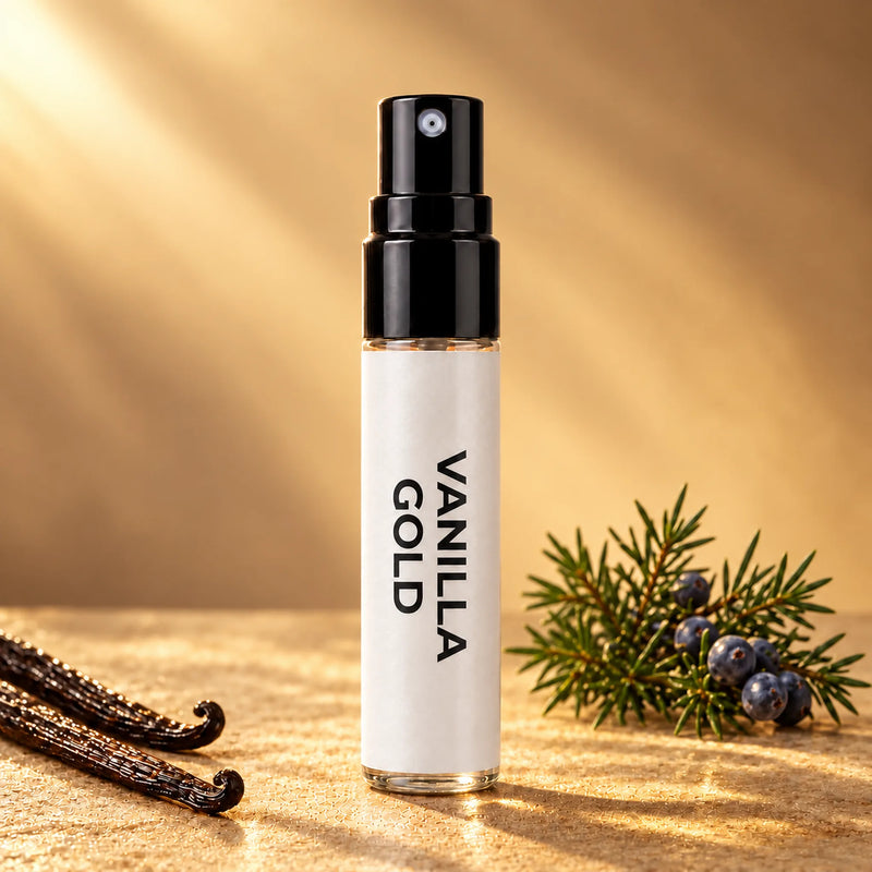 Fragrance Republic Vanilla Gold 5ml perfume sample spray beside vanilla pods and juniper berries.