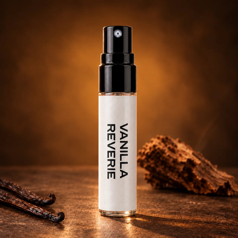 Fragrance Republic Vanilla Reverie 5ml perfume sample spray beside vanilla pods and wood on a dark background.
