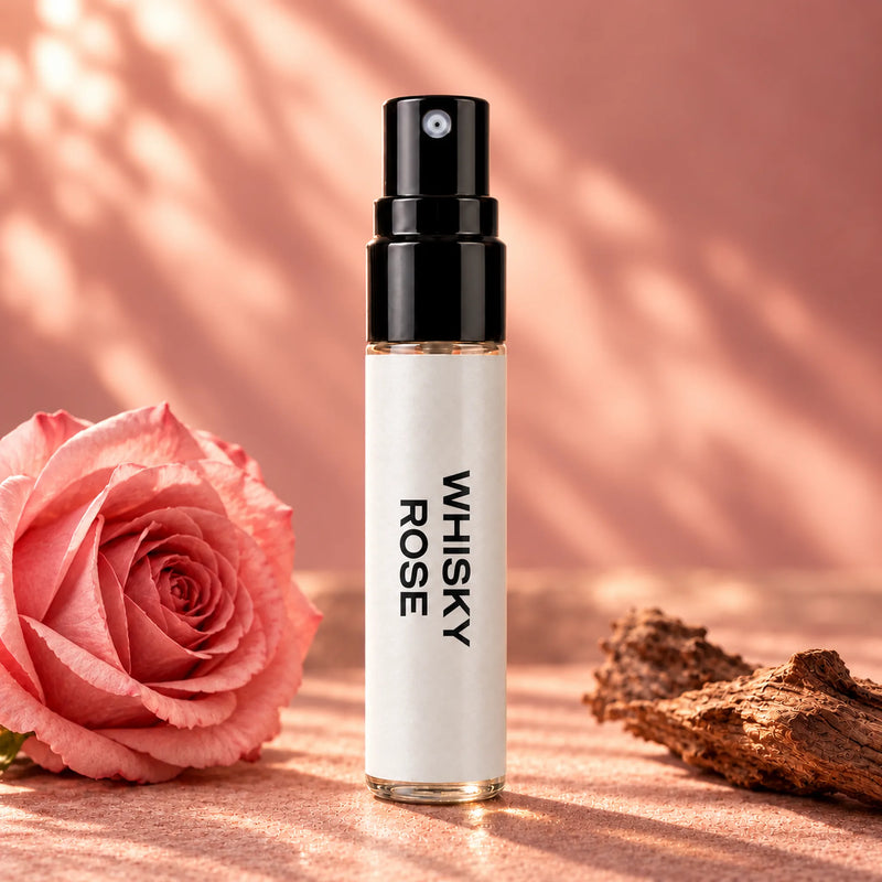 Fragrance Republic Whisky Rose 5ml perfume sample spray beside a pink rose and wood.