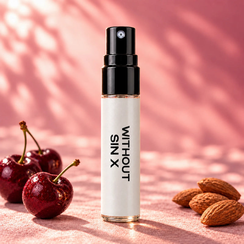 Fragrance Republic Without Sin X 5ml perfume sample spray beside cherries and almonds.