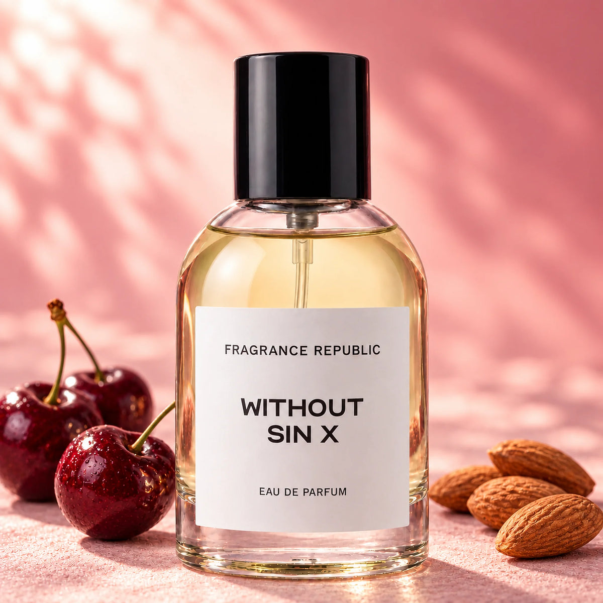 Fragrance Republic Without Sin X eau de parfum bottle beside cherries and almonds.