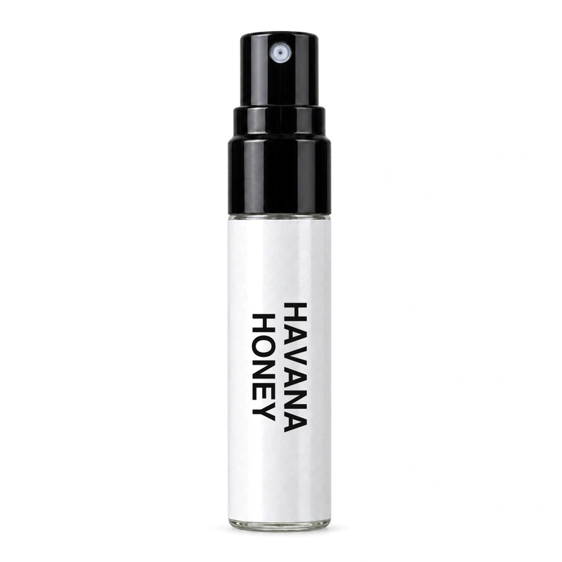 Fragrance Republic Havana Honey sample perfume spray with its black nozzle and white label.