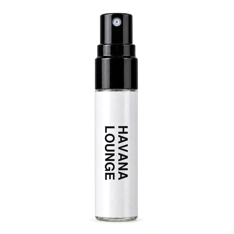 Fragrance Republic Havana Lounge sample perfume spray with its black nozzle and white label.