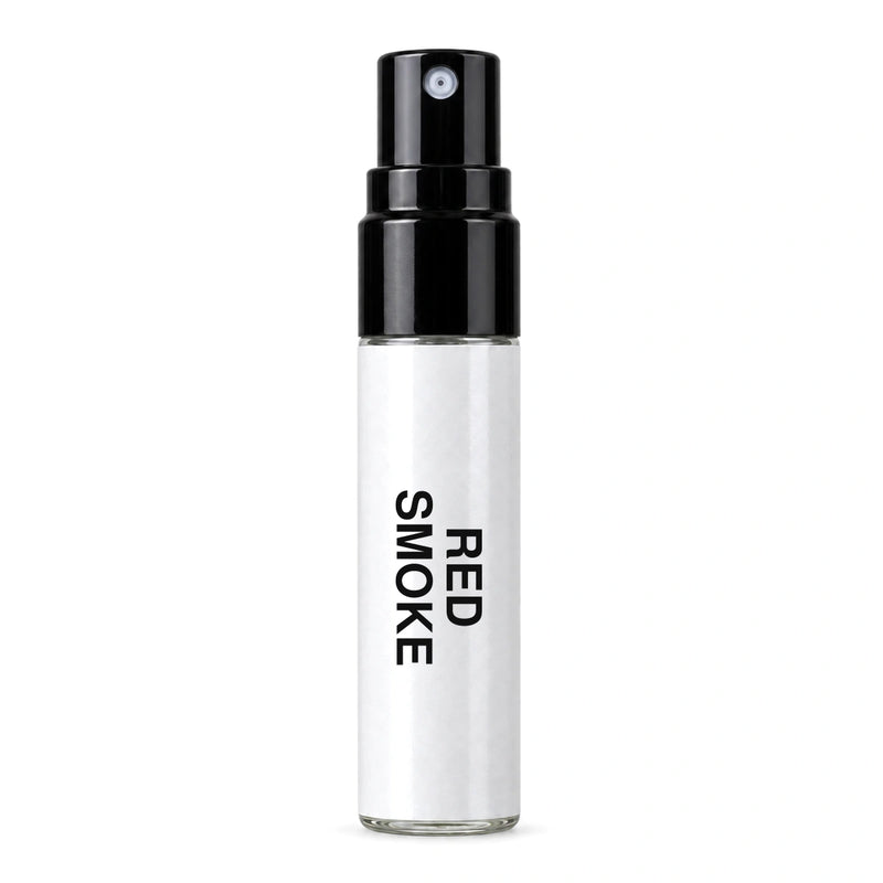 Fragrance Republic Red Smoke sample perfume spray with its black nozzle and white label.