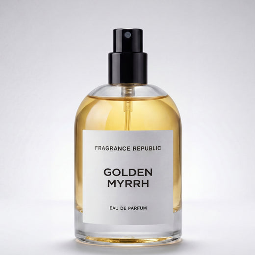 Golden Myrrh eau de parfum spray bottle with clear label on a plain background