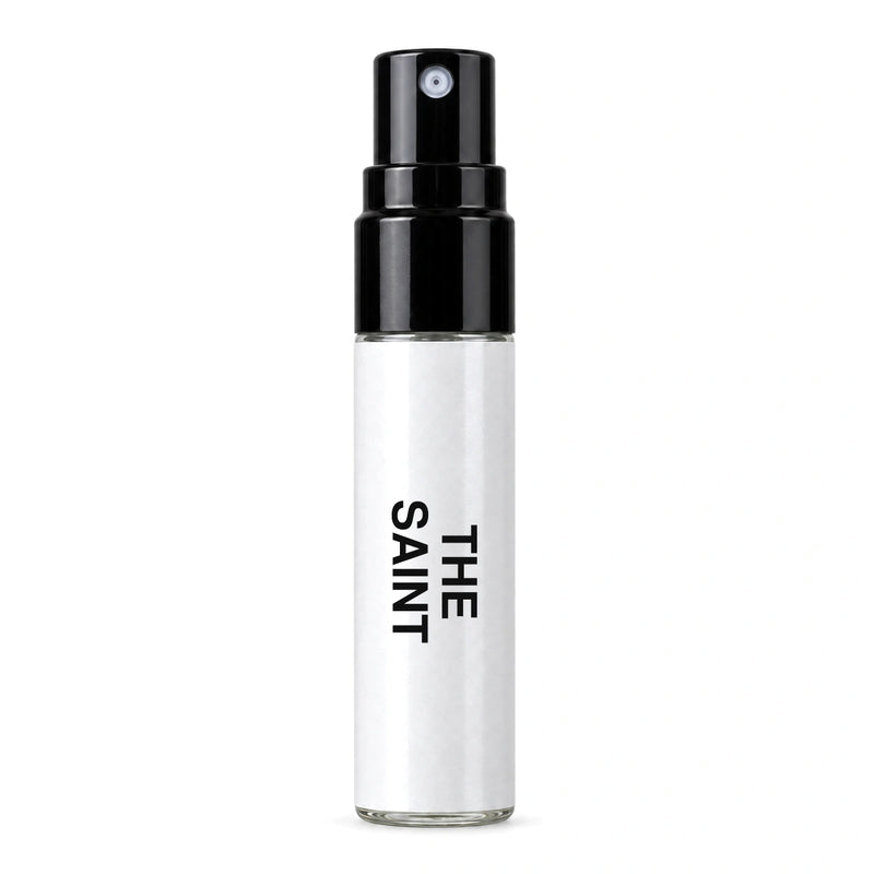 Fragrance Republic The Saint sample perfume spray with its black nozzle and white label.