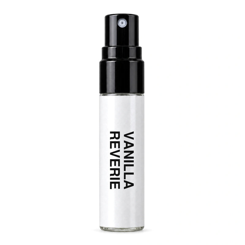 Fragrance Republic Vanilla Reverie sample perfume spray with its black nozzle and white label.